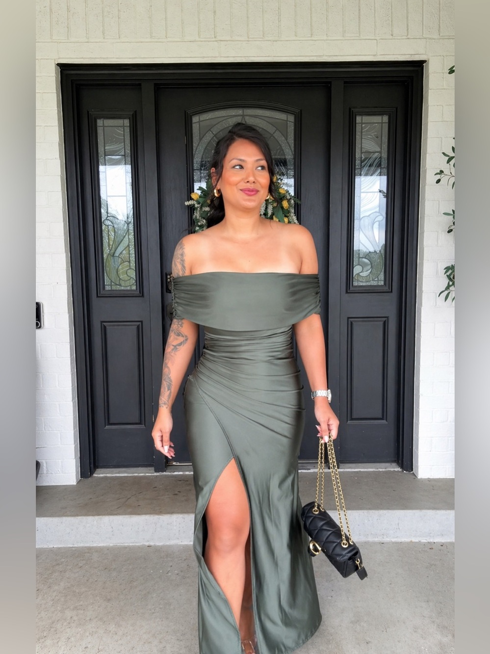 TikTok Viral OYS Off Shoulder Sage Green Evening Gown Large NWT